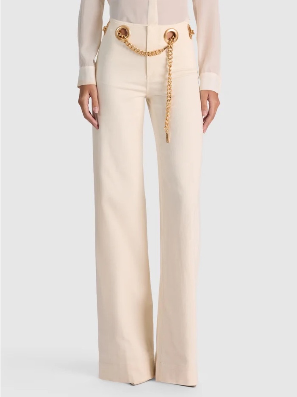 Alice + Olivia Cream Wide-Leg Pants with Gold Chain Waist Detail